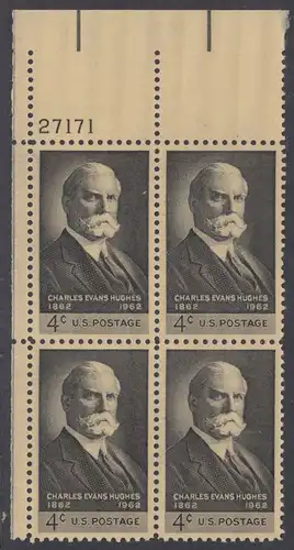 USA Michel 0825 / Scott 1195 postfrisch PLATEBLOCK ECKRAND oben links m/Platten-# 27171 - 100. Geburtstag von Charles Evans Hughes; Oberrichter und Gouverneur von New York