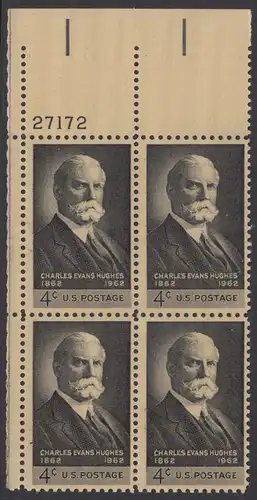 USA Michel 0825 / Scott 1195 postfrisch PLATEBLOCK ECKRAND oben links m/Platten-# 27172 (b) - 100. Geburtstag von Charles Evans Hughes; Oberrichter und Gouverneur von New York