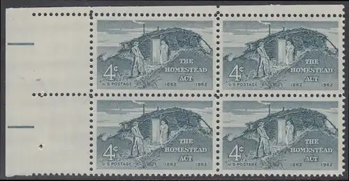 USA Michel 0828 / Scott 1198 postfrisch BLOCK RAND links - 100 Jahre Heimstättengesetz; Siedlerpaar vor behelfsmäßigem Heim