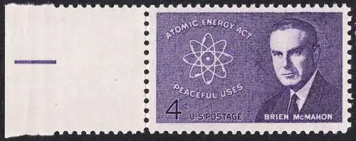 USA Michel 0830 / Scott 1200 postfrisch EINZELMARKE RAND links (a1) - 10. Todestag von Brien McMahon: Atommodell; Senator James O’Brien McMahon, „Vater der amerikanischen Friedens-Atompolitik“