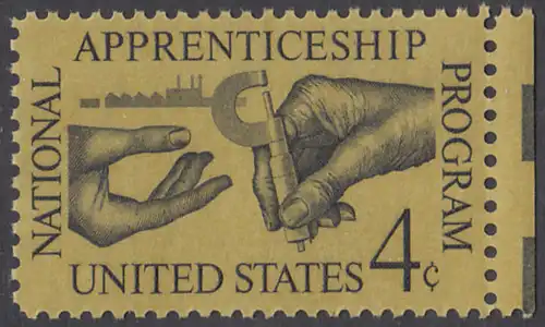 USA Michel 0831 / Scott 1201 postfrisch EINZELMARKE RAND rechts - 25 Jahre nationales Lehrlingsausbildungsgesetz; Facharbeiter übergibt Lehrling Mikrometerschraube