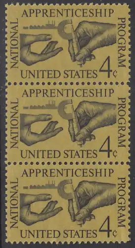 USA Michel 0831 / Scott 1201 postfrisch vert.STRIP(3) - 25 Jahre nationales Lehrlingsausbildungsgesetz; Facharbeiter übergibt Lehrling Mikrometerschraube