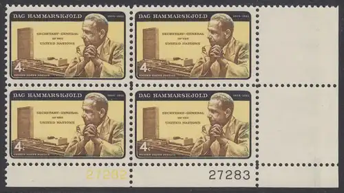 USA Michel 0833I / Scott 1203 postfrisch PLATEBLOCK ECKRAND unten rechts m/ Platten-# 27283 (c) - Dag Hammarskjöld, UN-Generalsekretär vor UNO-Gebäude 