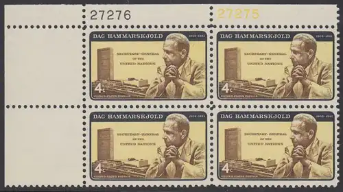 USA Michel 0833I / Scott 1203 postfrisch PLATEBLOCK ECKRAND oben links m/ Platten-# 27276 - Dag Hammarskjöld, UN-Generalsekretär vor UNO-Gebäude 