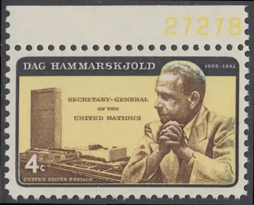 USA Michel 0833I / Scott 1203 postfrisch EINZELMARKE RAND oben m/ Platten-# 27278 - Dag Hammarskjöld, UN-Generalsekretär vor UNO-Gebäude 