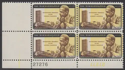 USA Michel 0833II / Scott 1204 postfrisch PLATEBLOCK ECKRAND unten links m/Platten-# 27276 (b) - Dag Hammarskjöld, UN-Generalsekretär vor UNO-Gebäude 