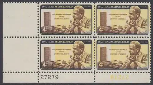 USA Michel 0833II / Scott 1204 postfrisch PLATEBLOCK ECKRAND unten links m/Platten-# 27279 - Dag Hammarskjöld, UN-Generalsekretär vor UNO-Gebäude 