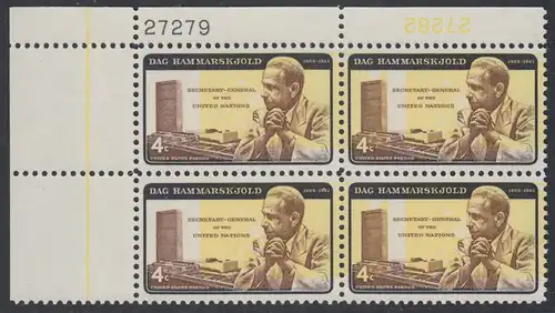 USA Michel 0833II / Scott 1204 postfrisch PLATEBLOCK ECKRAND oben links m/Platten-# 27279 (f) - Dag Hammarskjöld, UN-Generalsekretär vor UNO-Gebäude 