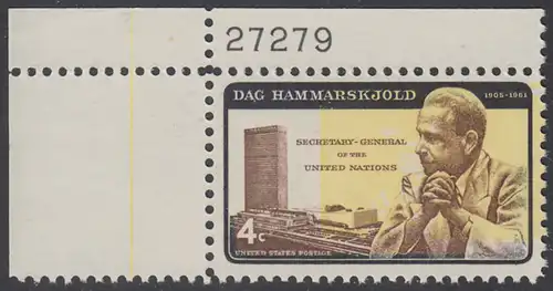 USA Michel 0833II / Scott 1204 postfrisch EINZELMARKE ECKRAND oben links m/Platten-# 27279 - Dag Hammarskjöld, UN-Generalsekretär vor UNO-Gebäude 