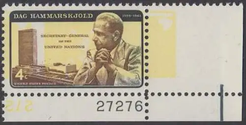 USA Michel 0833II / Scott 1204 postfrisch EINZELMARKE ECKRAND unten rechts m/Platten-# 27276 - Dag Hammarskjöld, UN-Generalsekretär vor UNO-Gebäude 