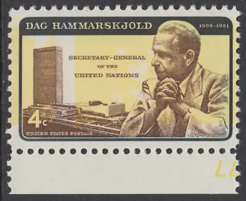 USA Michel 8033II / Scott 1204 postfrisch EINZELMARKE RAND unten - Dag Hammarskjöld, UN-Generalsekretär vor UNO-Gebäude 