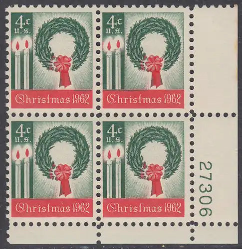 USA Michel 0834 / Scott 1205 postfrisch PLATEBLOCK ECKRAND unten rechts m/Platten-# 27306 - Weihnachten 