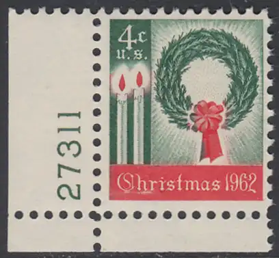 USA Michel 0834 / Scott 1205 postfrisch EINZELMARKE ECKRAND unten links m/Platten-# 27311 - Weihnachten 