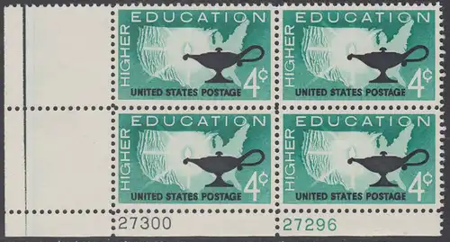 USA Michel 0835 / Scott 1206 postfrisch PLATEBLOCK ECKRAND unten links m/Platten-# 27300 - Förderung der Hochschulausbildung; Landkarte der USA, Öllampe