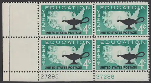 USA Michel 0835 / Scott 1206 postfrisch PLATEBLOCK ECKRAND unten links m/Platten-# 27295 - Förderung der Hochschulausbildung; Landkarte der USA, Öllampe
