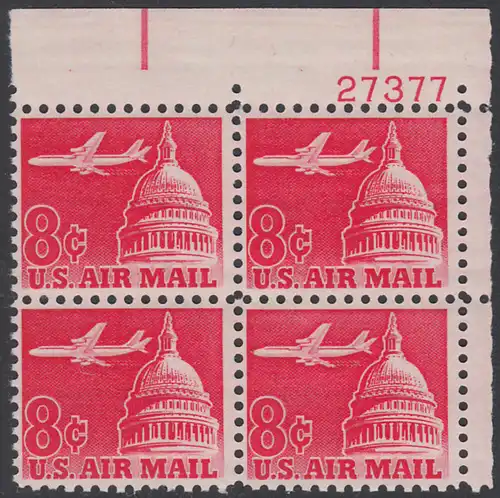 USA Michel 0836A / Scott C064 postfrisch LuPo-PLATEBLOCK ECKRAND oben rechts m/Platten-# 27377 - Düsenverkehrsflugzeug Douglas DC-8 über Kapitol 