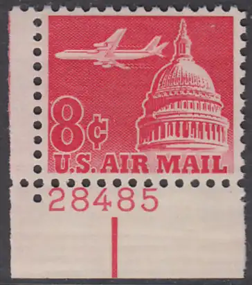USA Michel 0836A / Scott C064 postfrisch LuPo-EINZELMARKE ECKRAND unten links m/Platten-# 28680 - Düsenverkehrsflugzeug Douglas DC-8 über Kapitol 