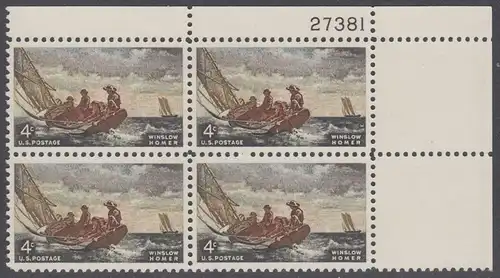 USA Michel 0837 / Scott 1207 postfrisch PLATEBLOCK ECKRAND oben rechts m/Platten-# 27381 (b) - Winslow Homer, Maler