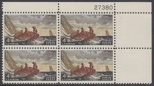 USA Michel 0837 / Scott 1207 postfrisch PLATEBLOCK ECKRAND oben rechts m/Platten-# 27380 - Winslow Homer, Maler