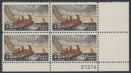 USA Michel 0837 / Scott 1207 postfrisch PLATEBLOCK ECKRAND unten rechts m/Platten-# 27374 - Winslow Homer, Maler