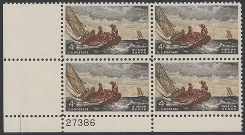 USA Michel 0837 / Scott 1207 postfrisch PLATEBLOCK ECKRAND unten links m/Platten-# 27386 - Winslow Homer, Maler