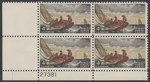 USA Michel 0837 / Scott 1207 postfrisch PLATEBLOCK ECKRAND unten links m/Platten-# 27381 - Winslow Homer, Maler