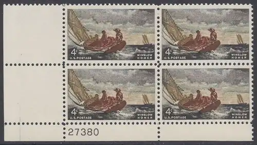 USA Michel 0837 / Scott 1207 postfrisch PLATEBLOCK ECKRAND unten links m/Platten-# 27380 (a) - Winslow Homer, Maler