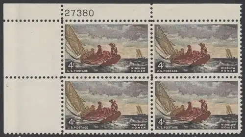 USA Michel 0837 / Scott 1207 postfrisch PLATEBLOCK ECKRAND oben links m/Platten-# 27380 (a) - Winslow Homer, Maler