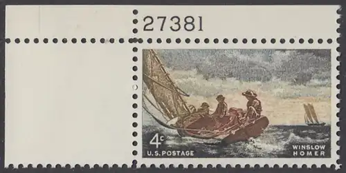 USA Michel 0837 / Scott 1207 postfrisch EINZELMARKE ECKRAND oben links m/Platten-# 27381 - Winslow Homer, Maler