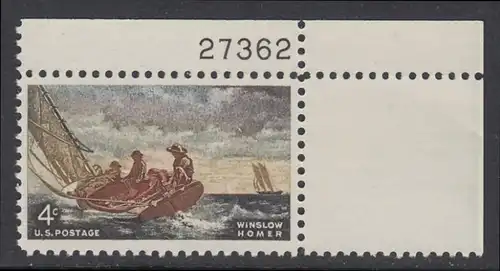 USA Michel 0837 / Scott 1207 postfrisch EINZELMARKE ECKRAND oben rechts m/Platten-# 27362 - Winslow Homer, Maler