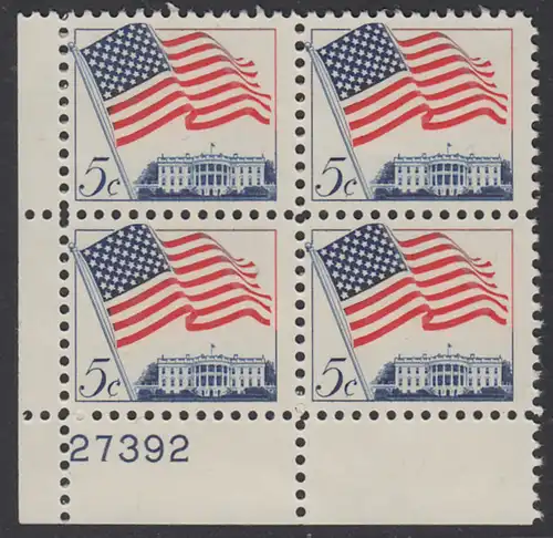 USA Michel 0838 / Scott 1208 postfrisch PLATEBLOCK ECKRAND unten links m/Platten-# 27392 (a) - Flagge und Weißes Haus