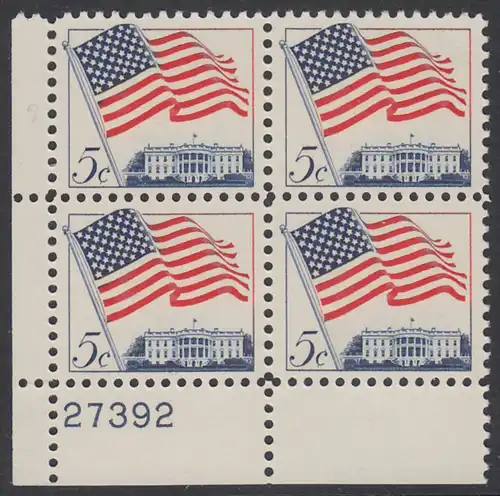 USA Michel 0838 / Scott 1208 postfrisch PLATEBLOCK ECKRAND unten links m/Platten-# 27392 (b) - Flagge und Weißes Haus