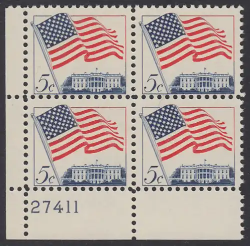 USA Michel 0838 / Scott 1208 postfrisch PLATEBLOCK ECKRAND unten links m/Platten-# 27411 - Flagge und Weißes Haus