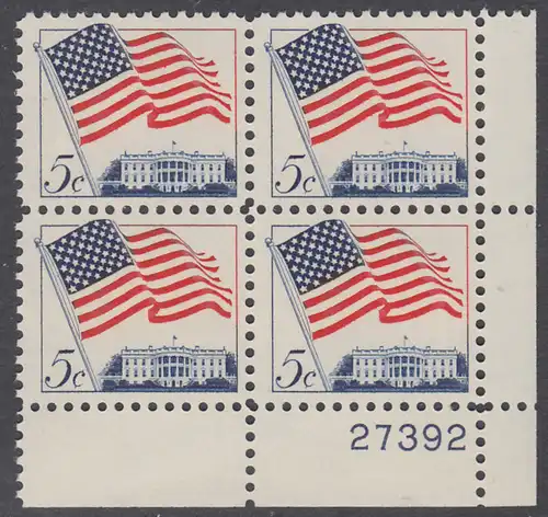 USA Michel 0838 / Scott 1208 postfrisch PLATEBLOCK ECKRAND unten rechts m/Platten-# 27392 (a) - Flagge und Weißes Haus