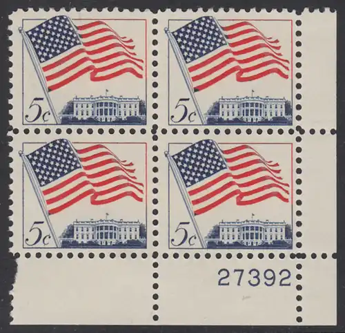 USA Michel 0838 / Scott 1208 postfrisch PLATEBLOCK ECKRAND unten rechts m/Platten-# 27392 (b) - Flagge und Weißes Haus