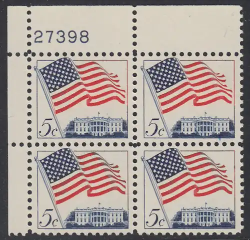 USA Michel 0838 / Scott 1208 postfrisch PLATEBLOCK ECKRAND oben links m/Platten-# 27398 - Flagge und Weißes Haus