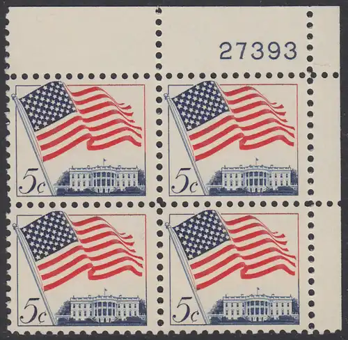 USA Michel 0838 / Scott 1208 postfrisch PLATEBLOCK ECKRAND oben rechts m/Platten-# 27393 - Flagge und Weißes Haus