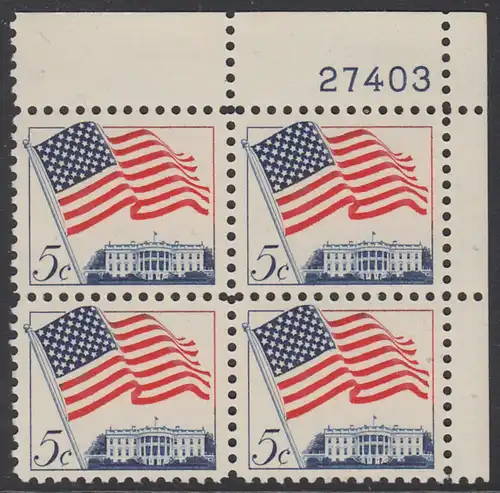 USA Michel 0838 / Scott 1208 postfrisch PLATEBLOCK ECKRAND oben rechts m/Platten-# 27403 - Flagge und Weißes Haus