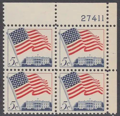 USA Michel 0838 / Scott 1208 postfrisch PLATEBLOCK ECKRAND oben rechts m/Platten-# 27411 - Flagge und Weißes Haus