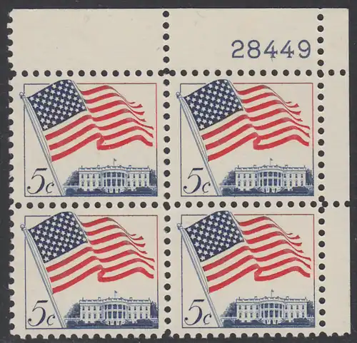 USA Michel 0838 / Scott 1208 postfrisch PLATEBLOCK ECKRAND oben rechts m/Platten-# 28449 - Flagge und Weißes Haus