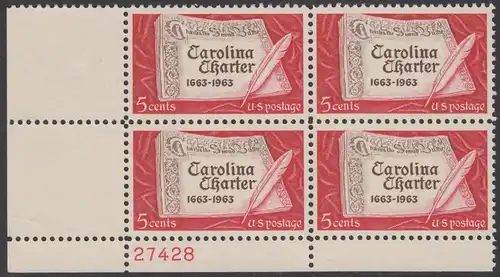 USA Michel 0839 / Scott 1230 postfrisch PLATEBLOCK ECKRAND unten links m/Platten-# 27428 - 300 Jahre „Carolina Charter“