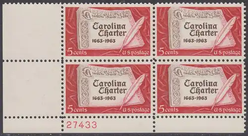 USA Michel 0839 / Scott 1230 postfrisch PLATEBLOCK ECKRAND unten links m/Platten-# 27433 - 300 Jahre „Carolina Charter“