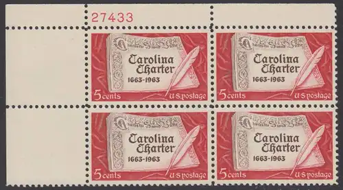 USA Michel 0839 / Scott 1230 postfrisch PLATEBLOCK ECKRAND oben links m/Platten-# 27433 - 300 Jahre „Carolina Charter“