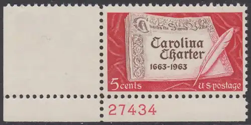 USA Michel 0839 / Scott 1230 postfrisch EINZELMARKE ECKRAND unten links m/Platten-# 27434 - 300 Jahre „Carolina Charter“