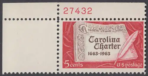 USA Michel 0839 / Scott 1230 mit Falzrest EINZELMARKE ECKRAND oben links m/Platten-# 27432 - 300 Jahre „Carolina Charter“