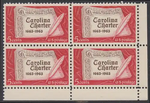 USA Michel 0839 / Scott 1230 postfrisch BLOCK ECKRAND unten rechts - 300 Jahre „Carolina Charter“