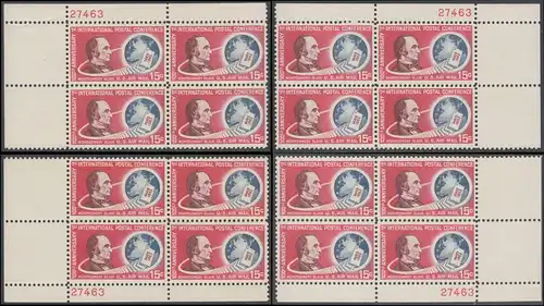 USA Michel 0840 / Scott C066 postfrisch SATZ(4) LuPo-PLATEBLOCKS ECKRÄNDER m/Platten-# 27463 - 100. Jahrestag der ersten internationalen Postkonferenz in Paris; Montgomery Blair, Generalpostmeister; Globus