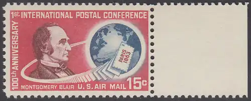 USA Michel 0840 / Scott C066 postfrisch LuPo-EINZELMARKE RAND rechts - 100. Jahrestag der ersten internationalen Postkonferenz in Paris; Montgomery Blair, Generalpostmeister; Globus