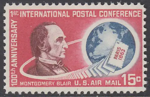 USA Michel 0840 / Scott C066 postfrisch LuPo-EINZELMARKE - 100. Jahrestag der ersten internationalen Postkonferenz in Paris; Montgomery Blair, Generalpostmeister; Globus