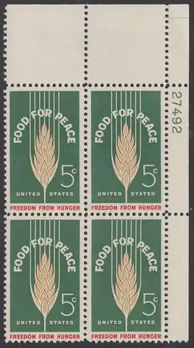 USA Michel 0841 / Scott 1231 postfrisch PLATEBLOCK ECKRAND oben rechts m/Platten-# 27492 - Kampf gegen den Hunger; Weizenähre